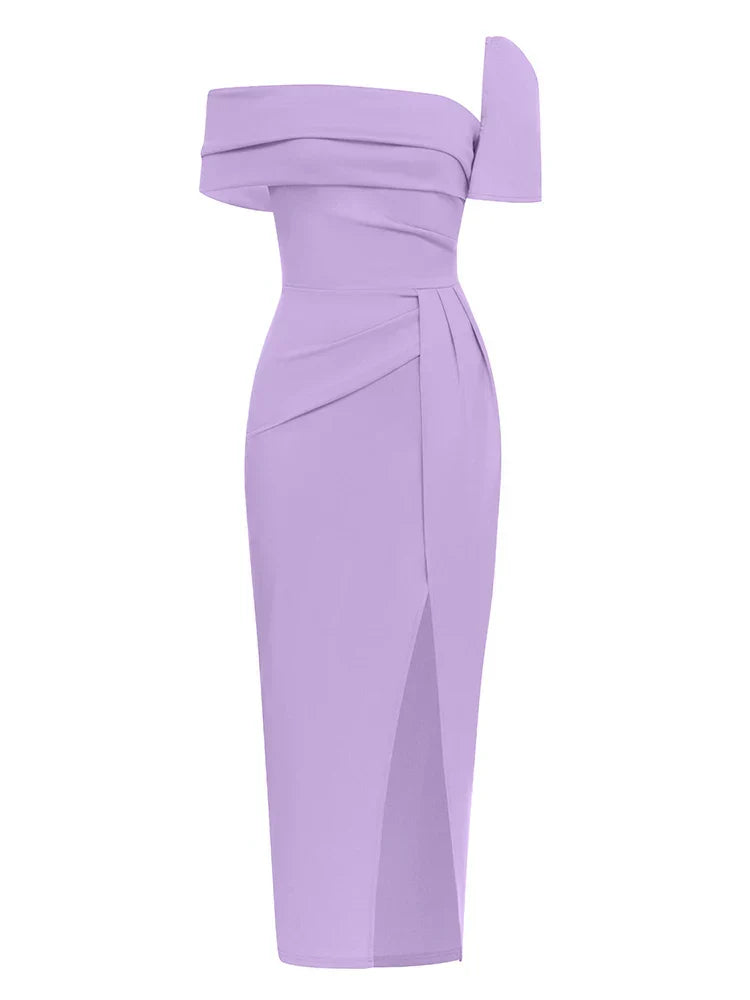 Sexy Square Collar Folds Design Long Dress Short Sleeves Christmas Party Purple / S Dresses-L