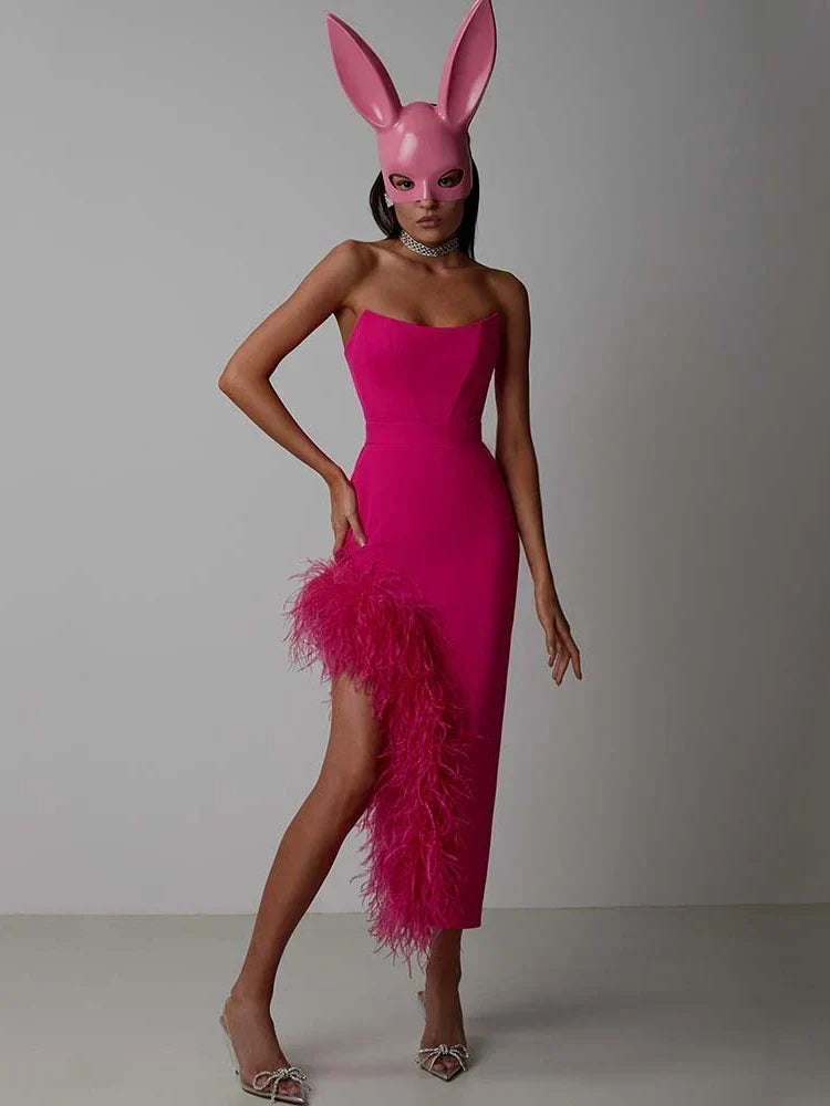 Strapless Corset Bodice Feather Trim Asymmetric High Split Midi Dress 6