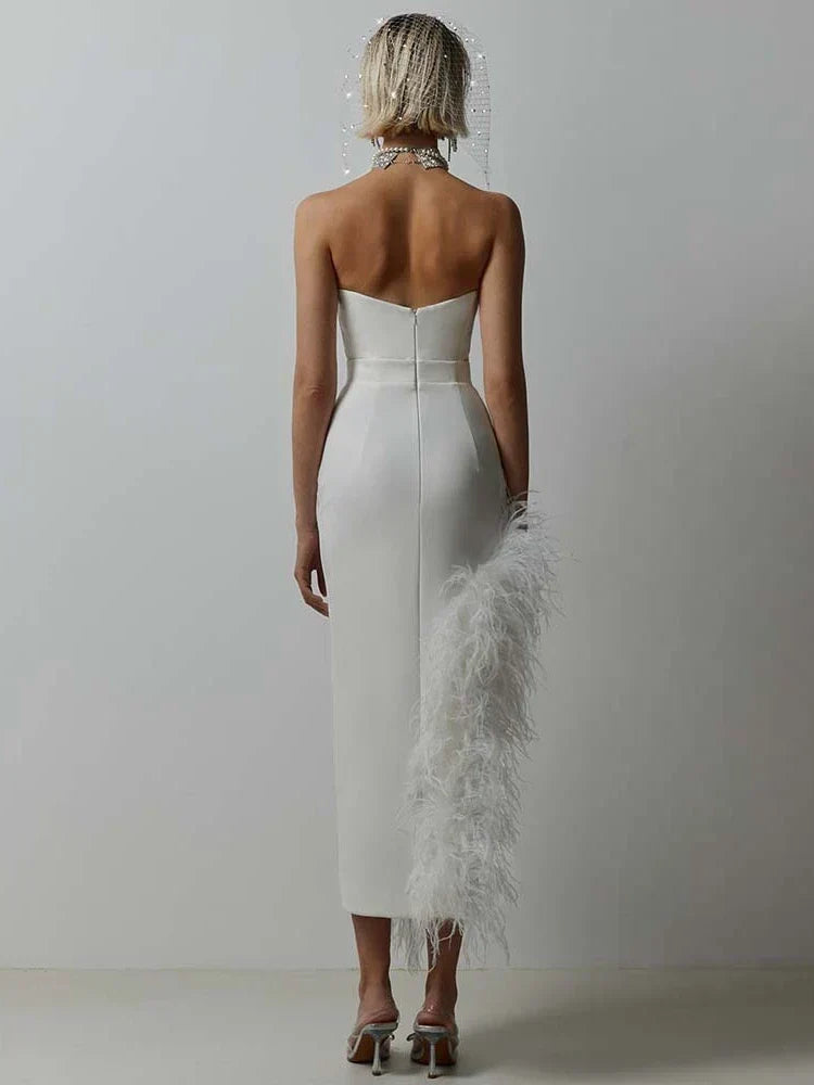 Strapless Corset Bodice Feather Trim Asymmetric High Split Midi Dress 2