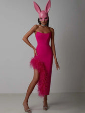 Sexy Strapless Feathers Midi Bandage Black White Backless Christmas Party Dress Rose Red / S