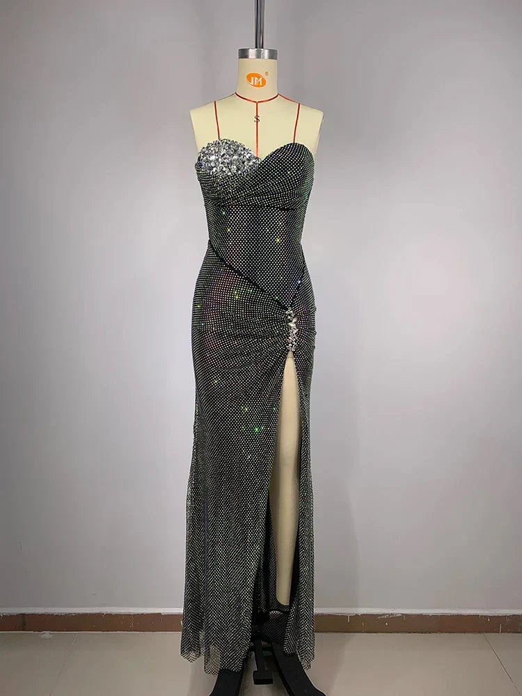 Rhinestone Mesh Strapless Corset Ruched High Split Maxi Gown 4