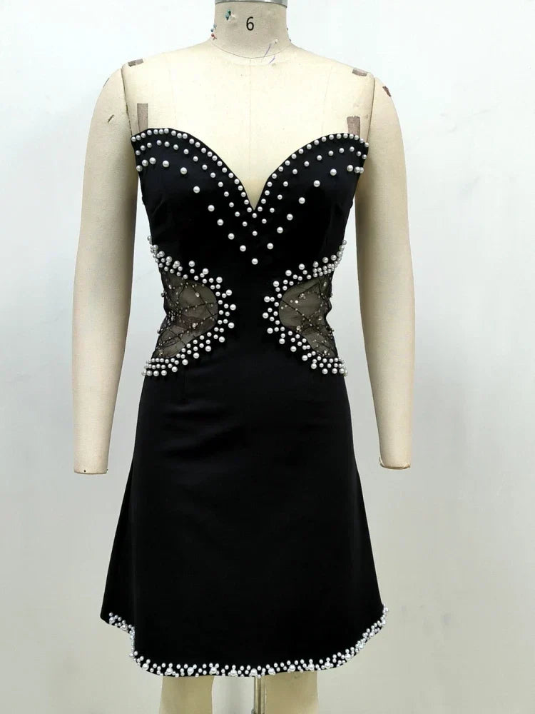 Strapless Sweetheart Faux Pearl Beaded Mesh Cut Out A-Line Mini Dress 7