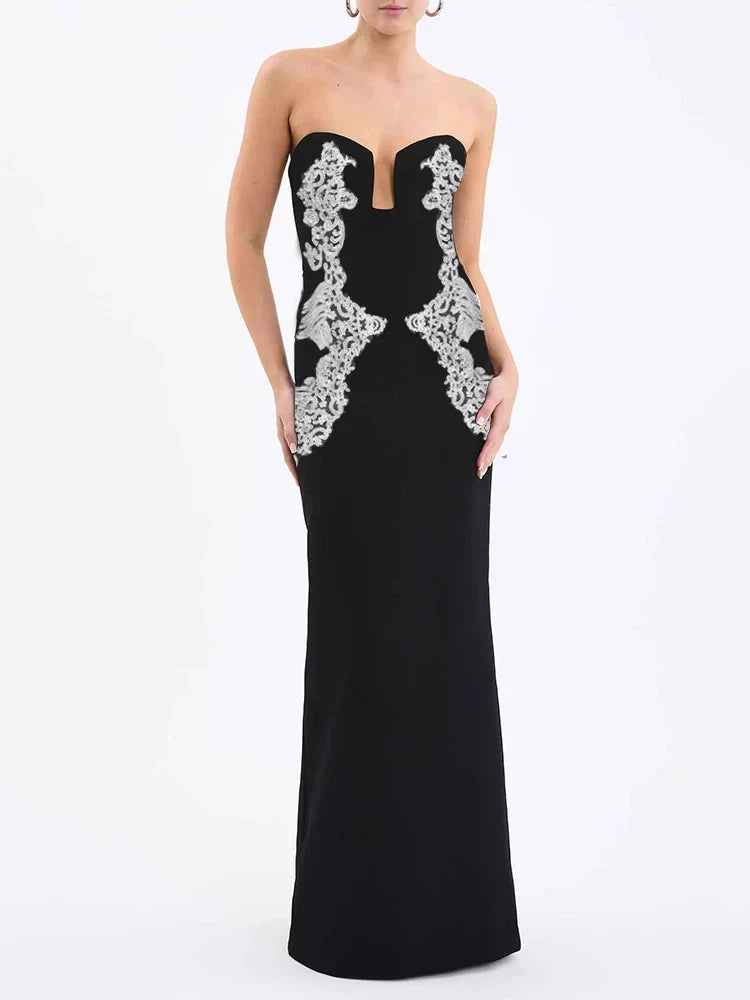 Strapless Notched Neck Lace Applique Column Maxi Formal Gown 2