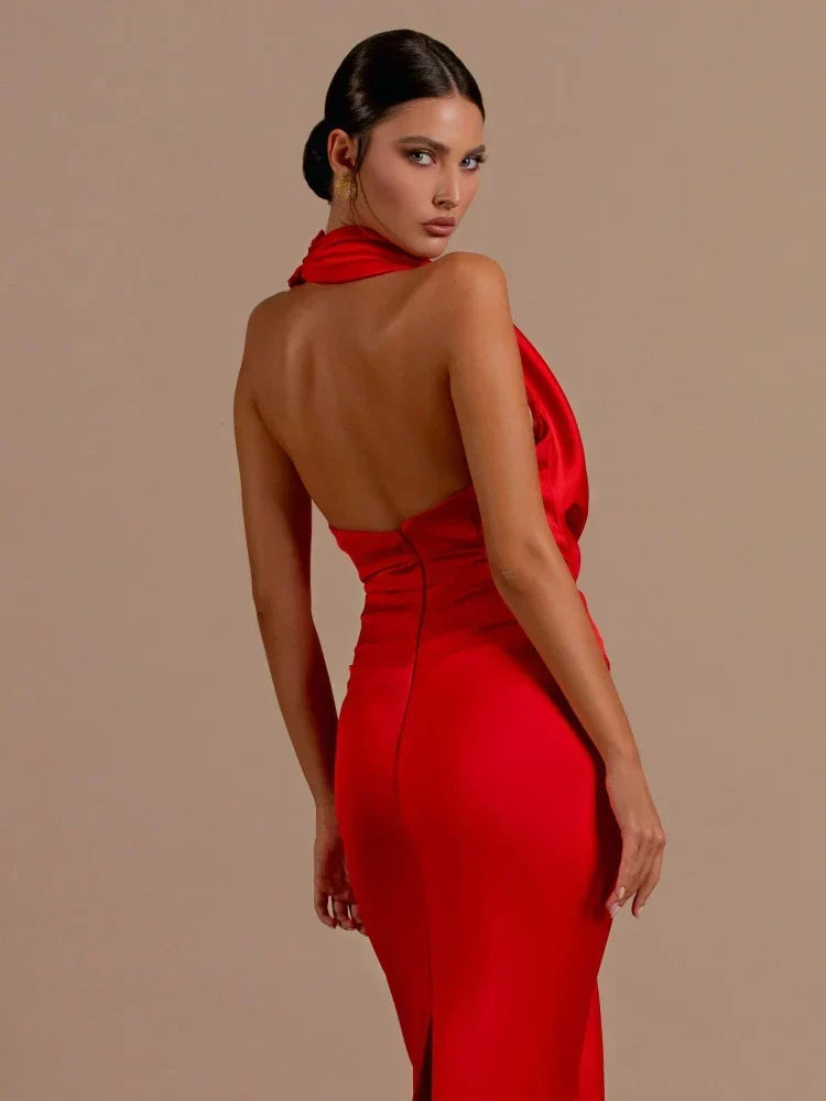Satin Cowl Halter Neck Draped Front Mermaid Maxi Gown 5