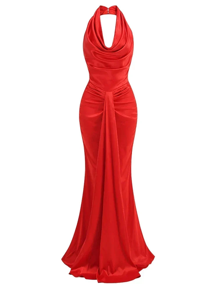 Satin Cowl Halter Neck Draped Front Mermaid Maxi Gown 7