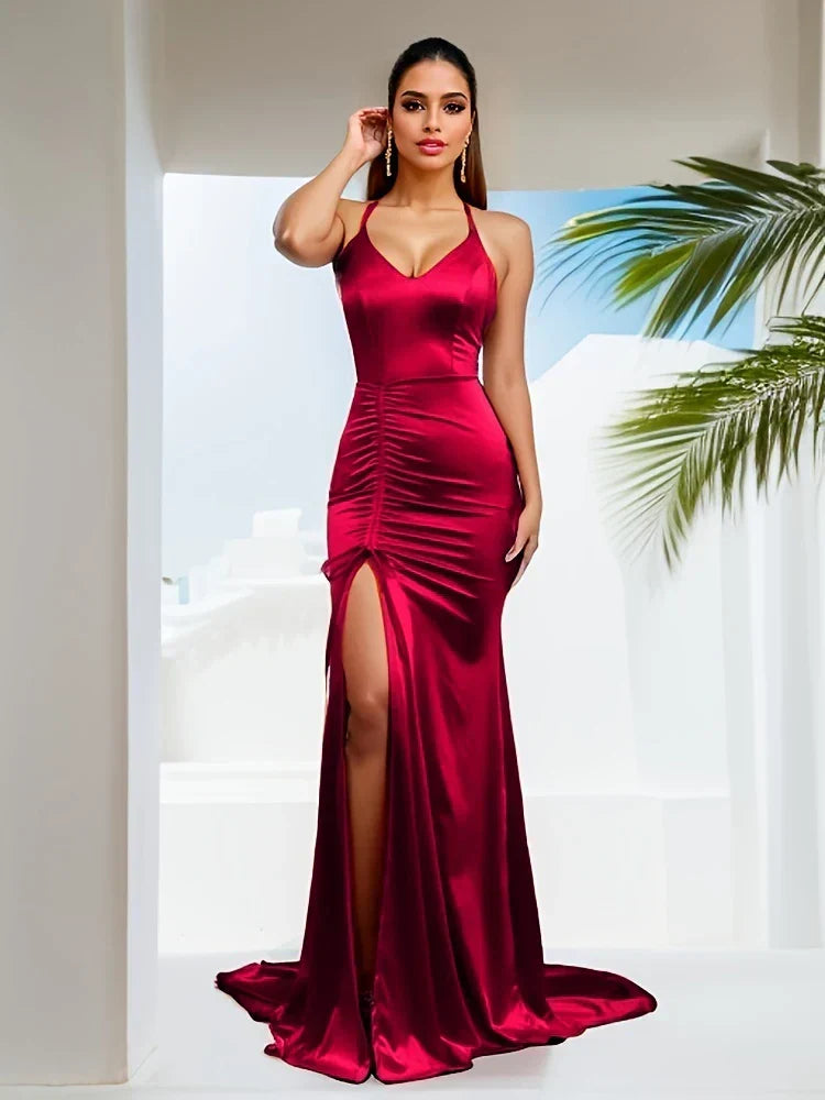 Deep V-Neck Satin Dress