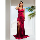 V-Neck Sleeveless Satin Party Dress Burgundy / Xs Partydress-241208