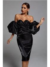 Off-the-Shoulder Deep V-Neck Satin Midi Dress