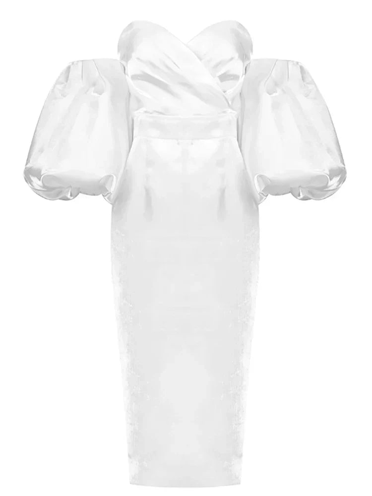 Sexy V-Neck Strapless Puff Sleeve Satin Midi Off Shoulder Christmas Party Dress White / S Dresses-L