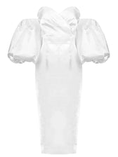 Sexy V-Neck Strapless Puff Sleeve Satin Midi Off Shoulder Christmas Party Dress White / S Dresses-L