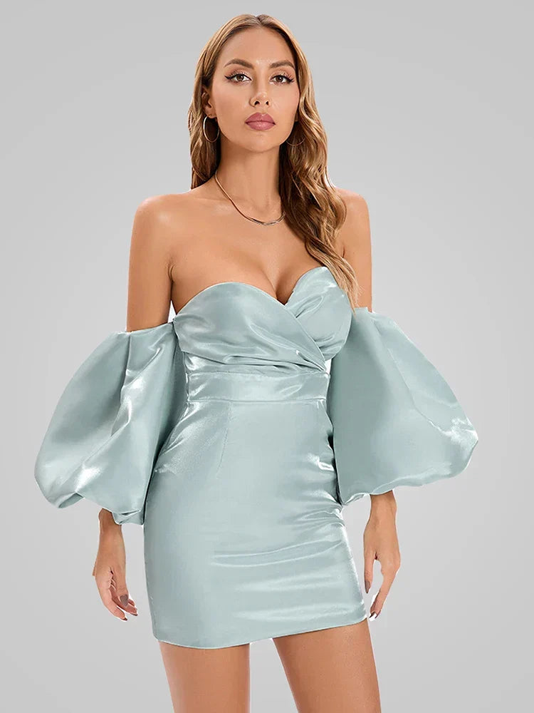 Off-the-Shoulder Deep V-Neck Satin Midi Dress