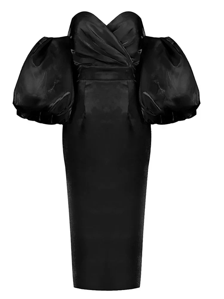 Satin Off Shoulder Sweetheart Puff Sleeve Bodycon Midi Dress 8