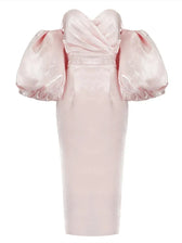 Sexy V-Neck Strapless Puff Sleeve Satin Midi Off Shoulder Christmas Party Dress Pink / S Dresses-L