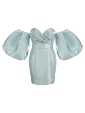 Sexy V-Neck Strapless Puff Sleeve Satin Midi Off Shoulder Christmas Party Dress Blue / S Dresses-L