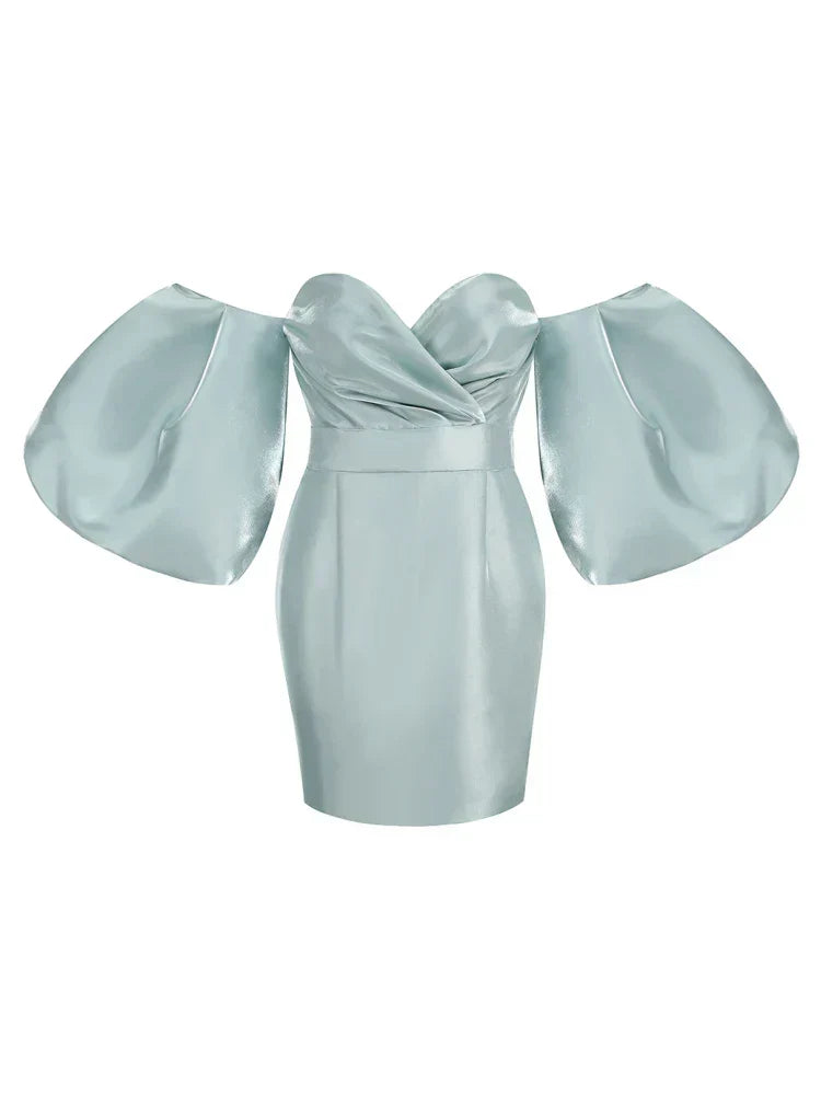 Satin Off Shoulder Sweetheart Puff Sleeve Bodycon Midi Dress 10