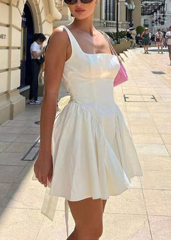 Sexy White Backless Bow Lace Up Mid Dress Summer 4