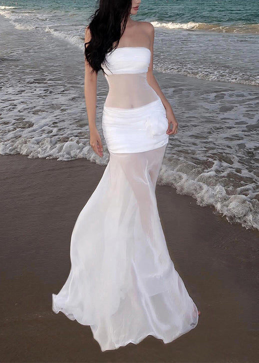 Strapless Ruched Bodice Sheer Waist Floral Rosette Tulle Overlay Maxi Gown