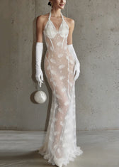Sexy White Hollow Out Lace Perspective Tulle Maxi Dresses Sleeveless