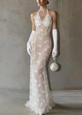 Sexy White Hollow Out Lace Perspective Tulle Maxi Dresses Sleeveless 3