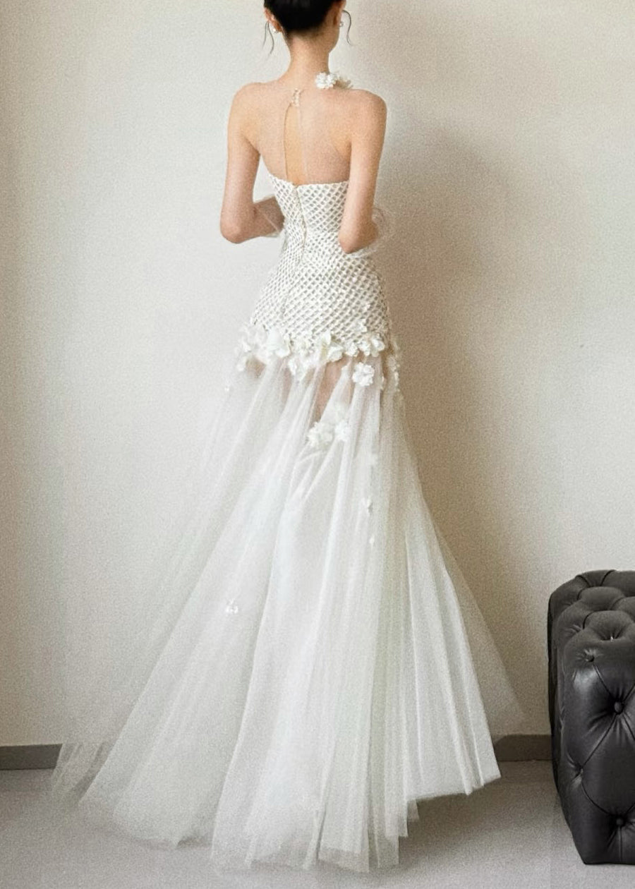 Halter Neck Lattice Bodice Floral Appliqué Tulle Maxi Gown