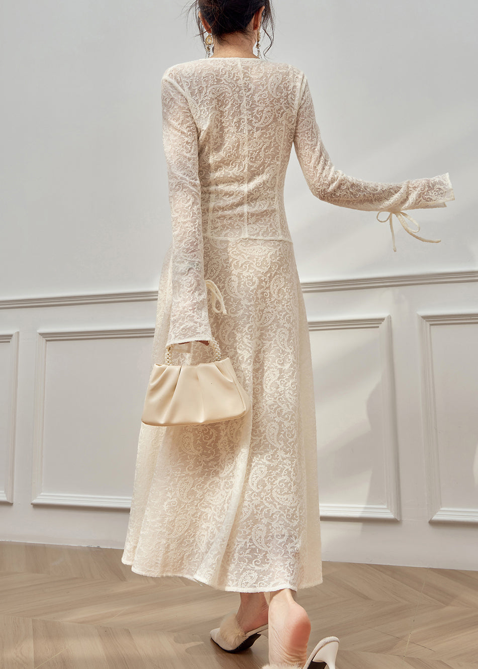 Lace Deep V-Neck Tie Front Bell Sleeve Maxi Dress