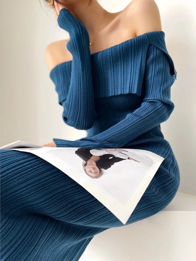 Knit Off Shoulder Long Sleeve Bodycon Midi Dress