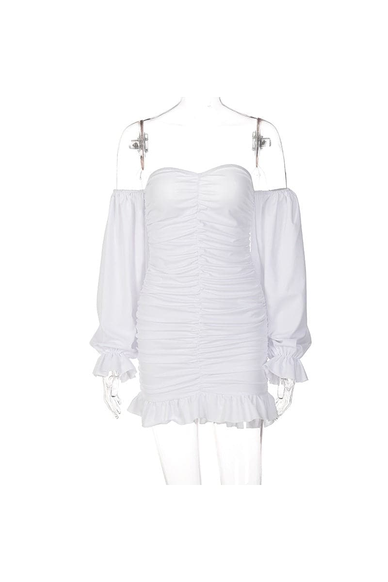 Off Shoulder Puff Sleeve Ruched Ruffle Hem Bodycon Mini Dress 5