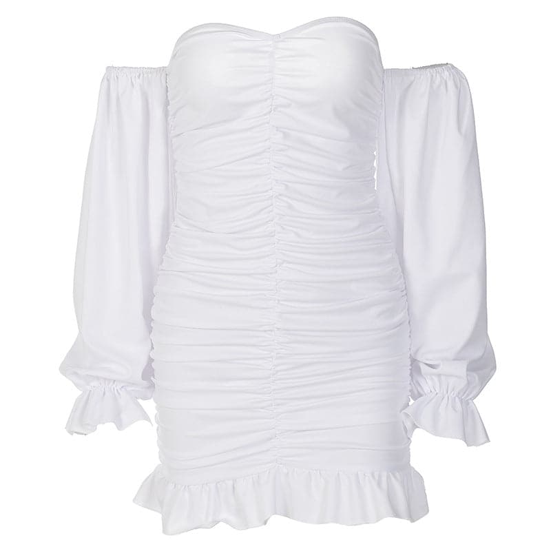 Off Shoulder Puff Sleeve Ruched Ruffle Hem Bodycon Mini Dress 4