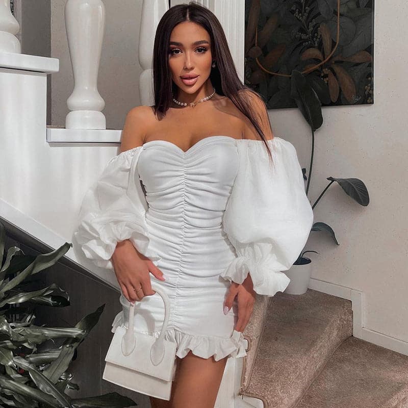 Off Shoulder Puff Sleeve Ruched Ruffle Hem Bodycon Mini Dress