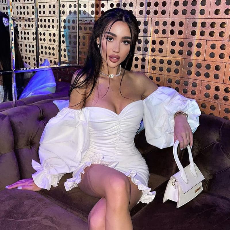 Off Shoulder Puff Sleeve Ruched Ruffle Hem Bodycon Mini Dress 2