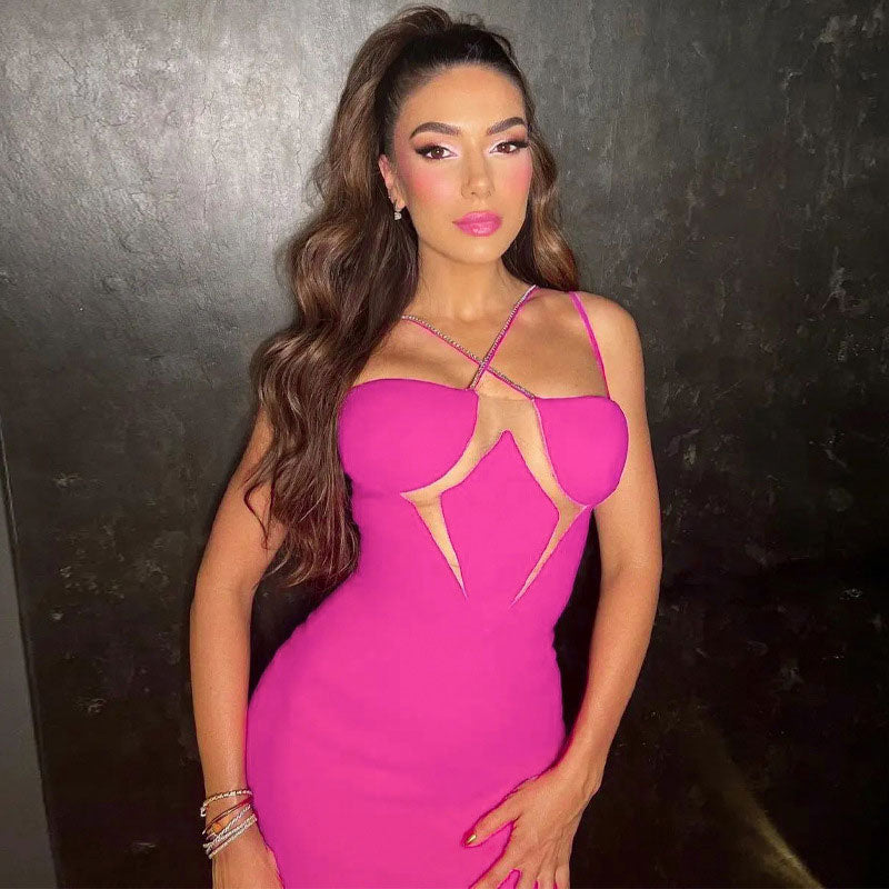 Rhinestone Cross Strap Mesh Cut Out Bodycon Party Mini Dress