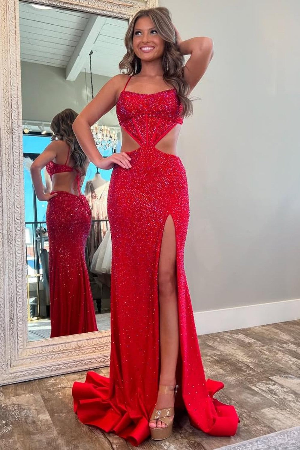 Sexy Black Mermaid Spaghetti Straps Long Beaded Prom Dress with Slit