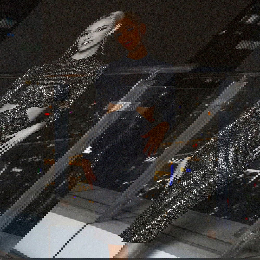 Hollow Out Cutout Out Long Sleeve Sequined Slim Fit Nightclub Party Dress