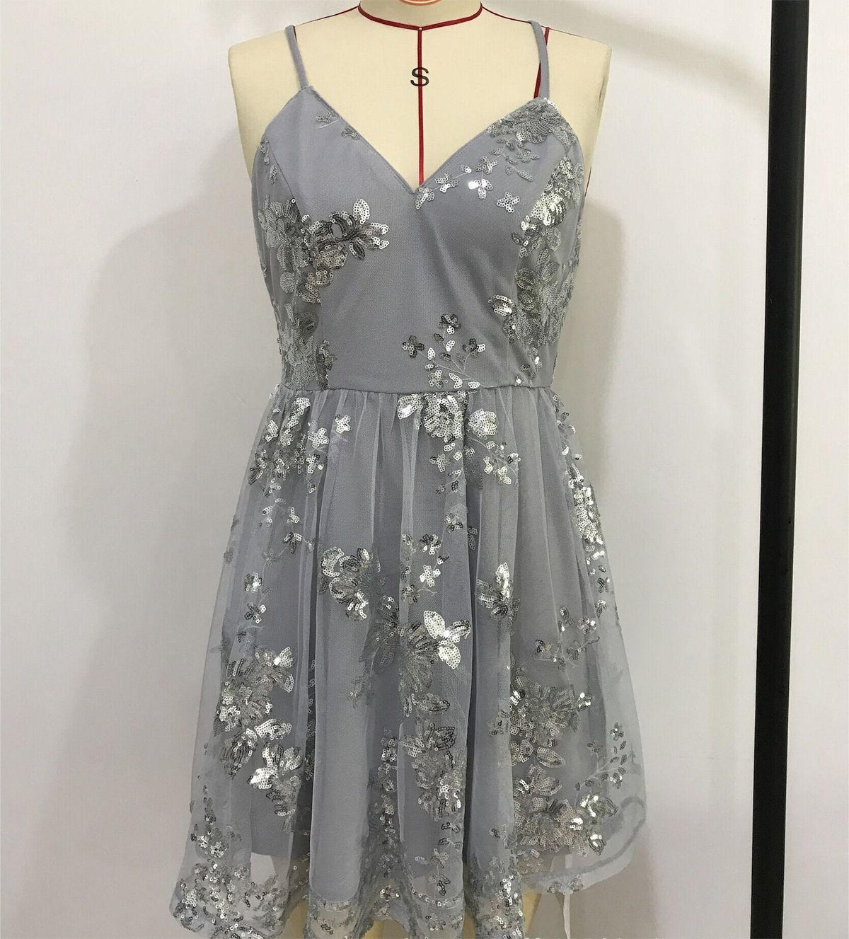 Sequin Floral Embroidered Mesh V-Neck Spaghetti Strap Fit and Flare Mini Dress 6