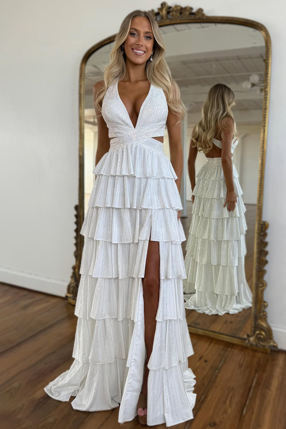 Luxurious Sparkly Mermaid Halter Long Tiered Beaded Prom Dress with High Slit