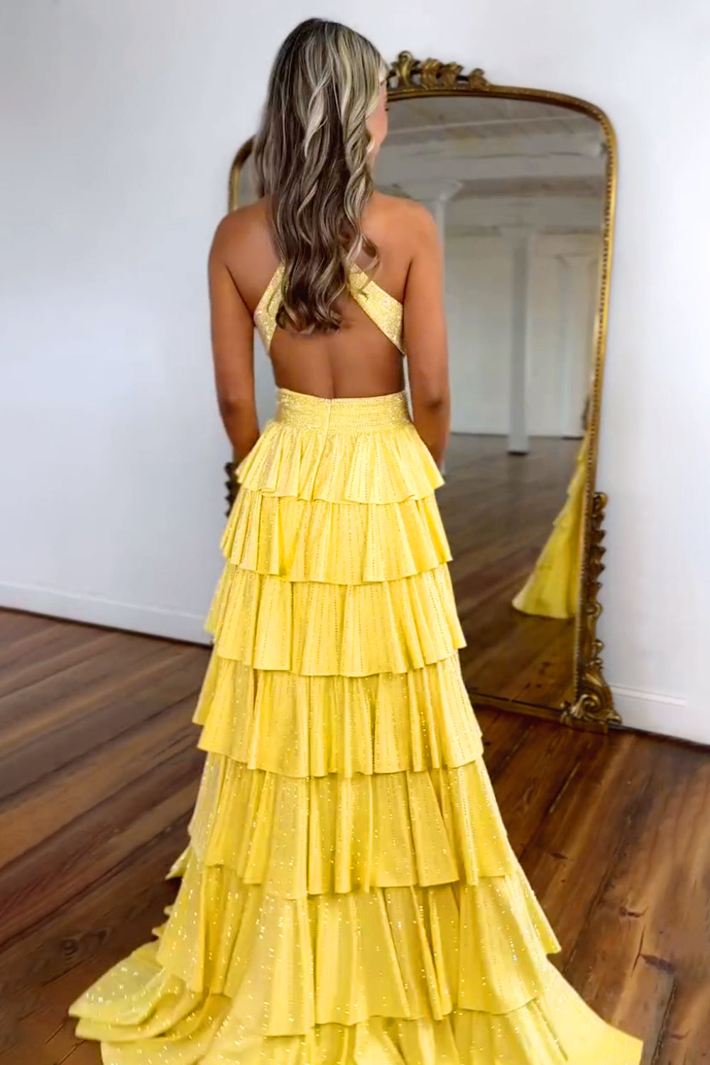 Luxurious Sparkly Mermaid Halter Long Tiered Beaded Prom Dress with High Slit