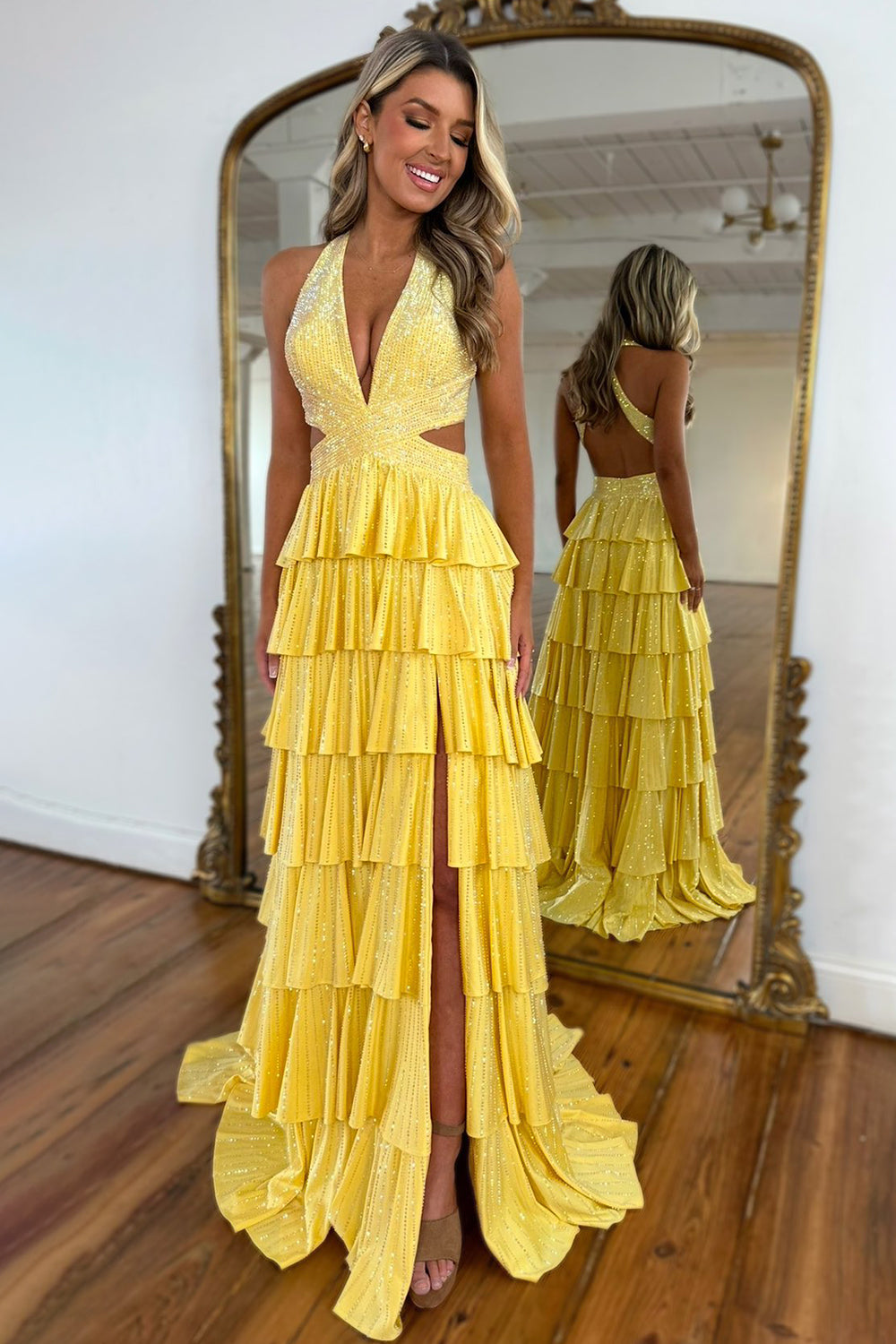 Luxurious Sparkly Mermaid Halter Long Tiered Beaded Prom Dress with High Slit