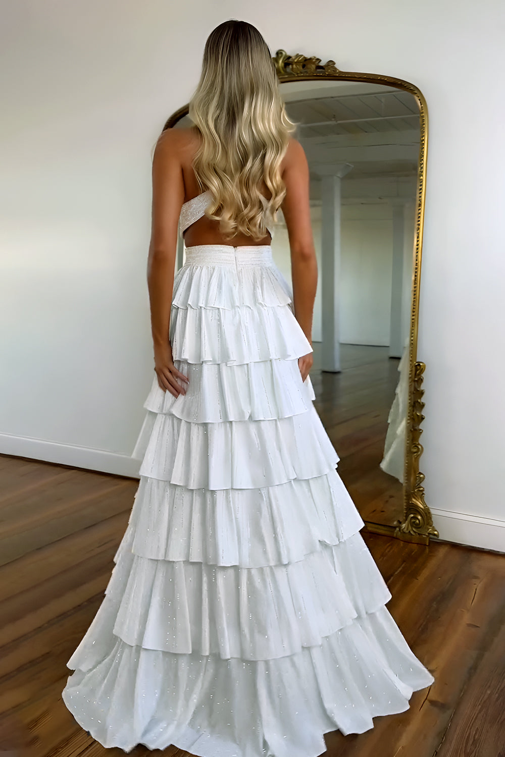 Luxurious Sparkly Mermaid Halter Long Tiered Beaded Prom Dress with High Slit