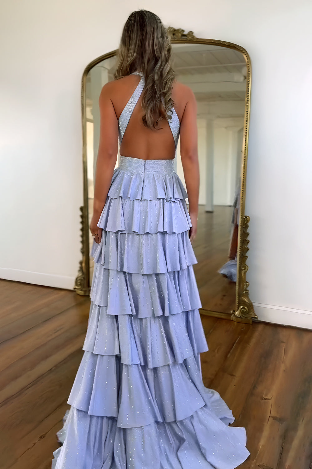 Luxurious Sparkly Mermaid Halter Long Tiered Beaded Prom Dress with High Slit