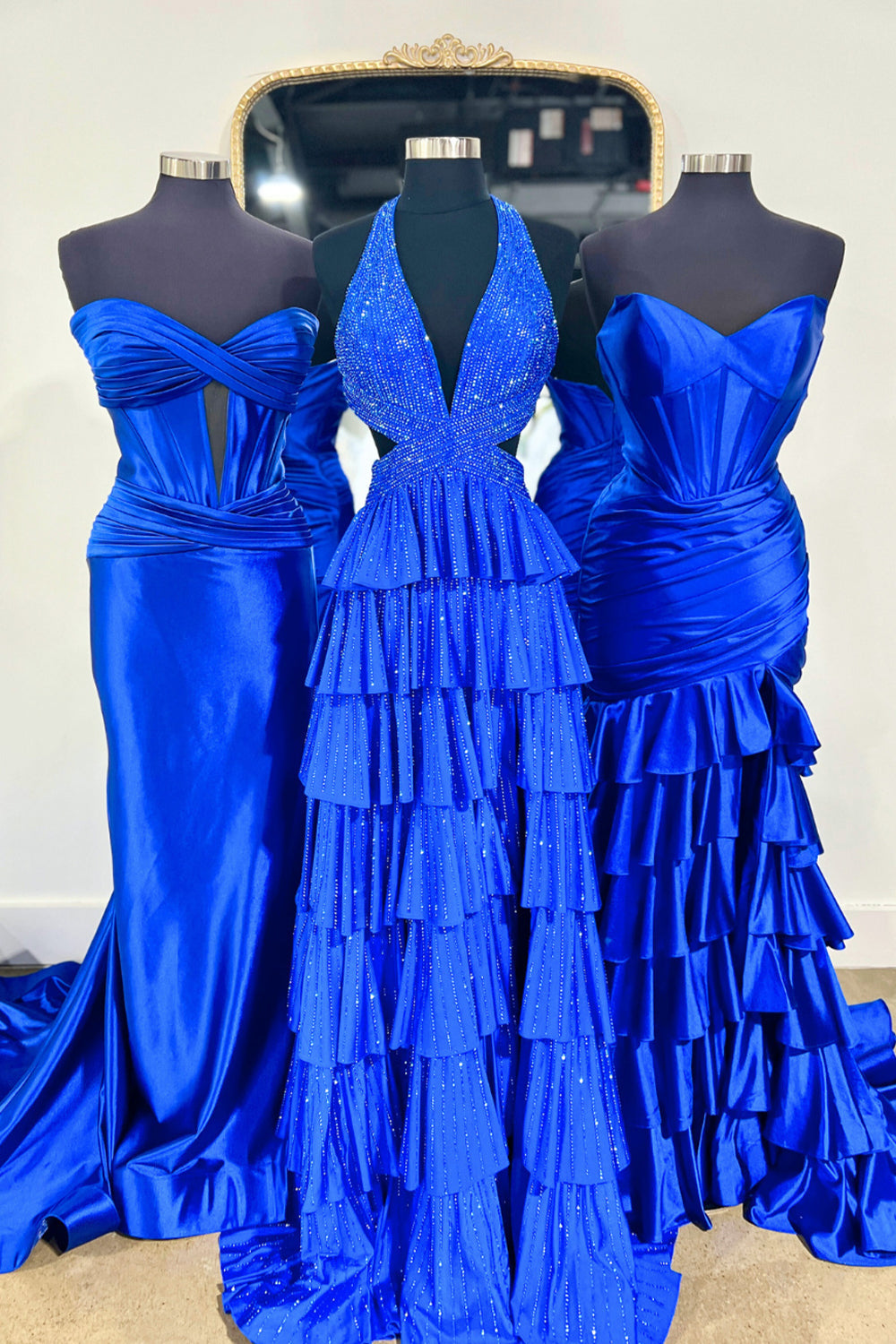 Luxurious Sparkly Mermaid Halter Long Tiered Beaded Prom Dress with High Slit