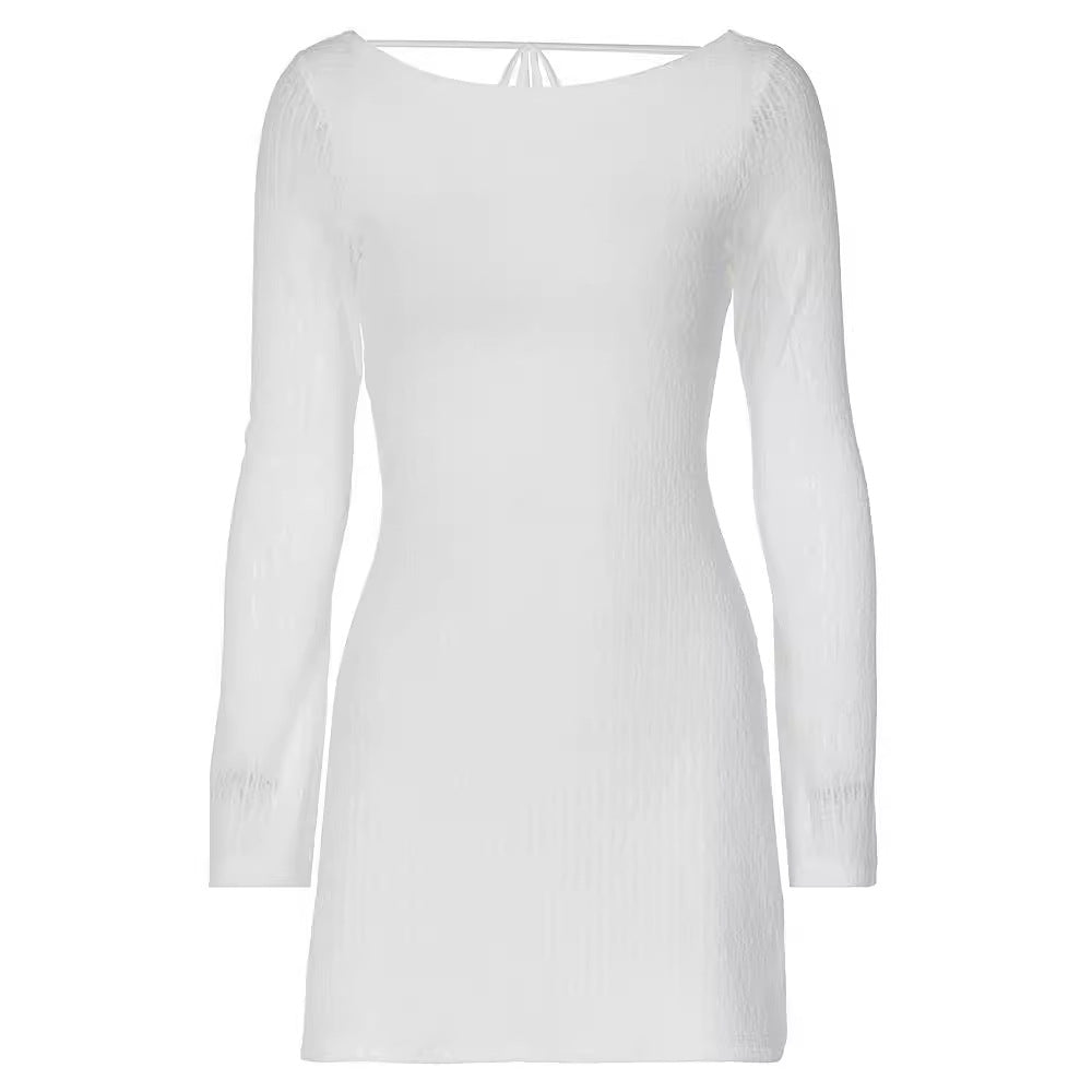 Street Shooting Solid Color Minimalist Long Sleeve Big Backless Tied Dress