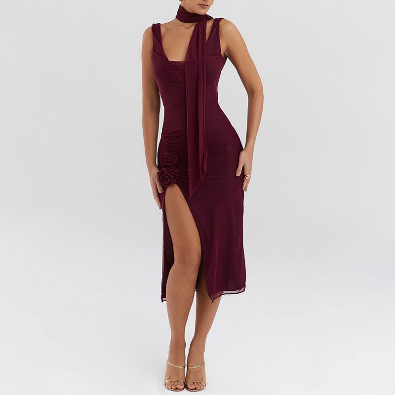 Trend Mesh Stitching Swing Collar Sleeveless Split Backless Hip Dress