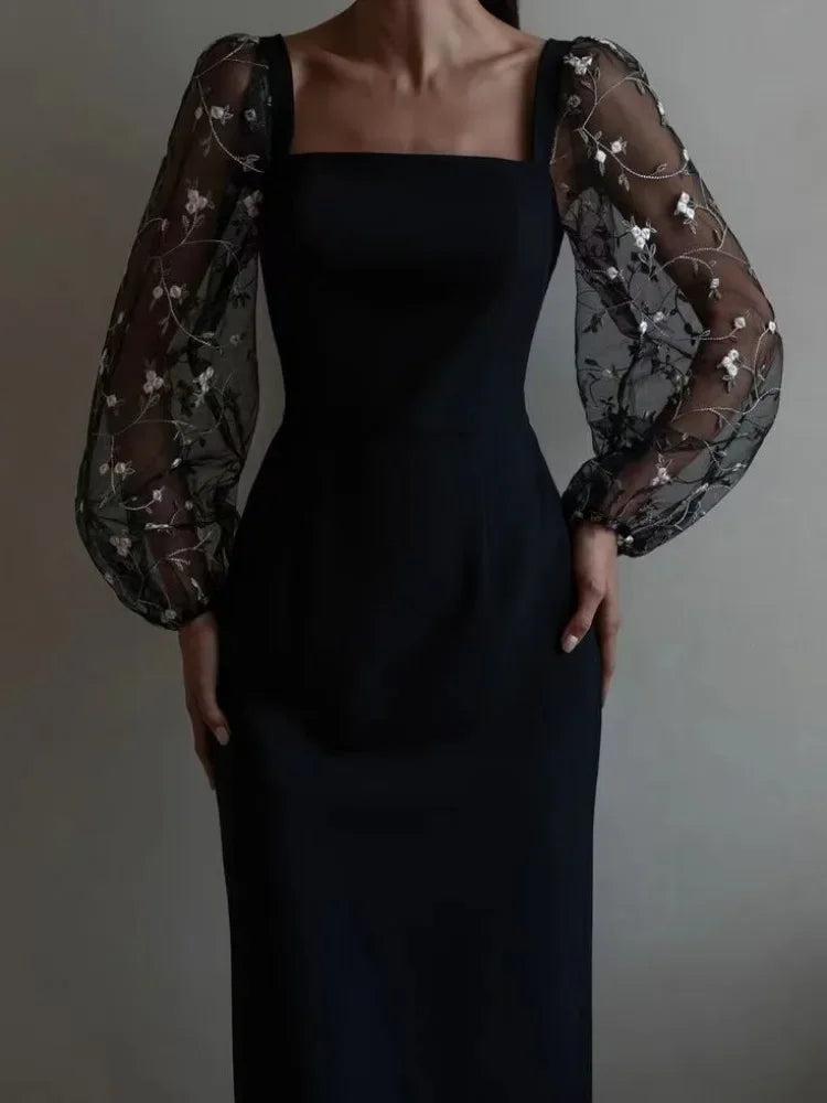 Selena Aesthetic Evening and Party Dress with Square Neckline and Long Sleeves Premium Wardrobe Essential