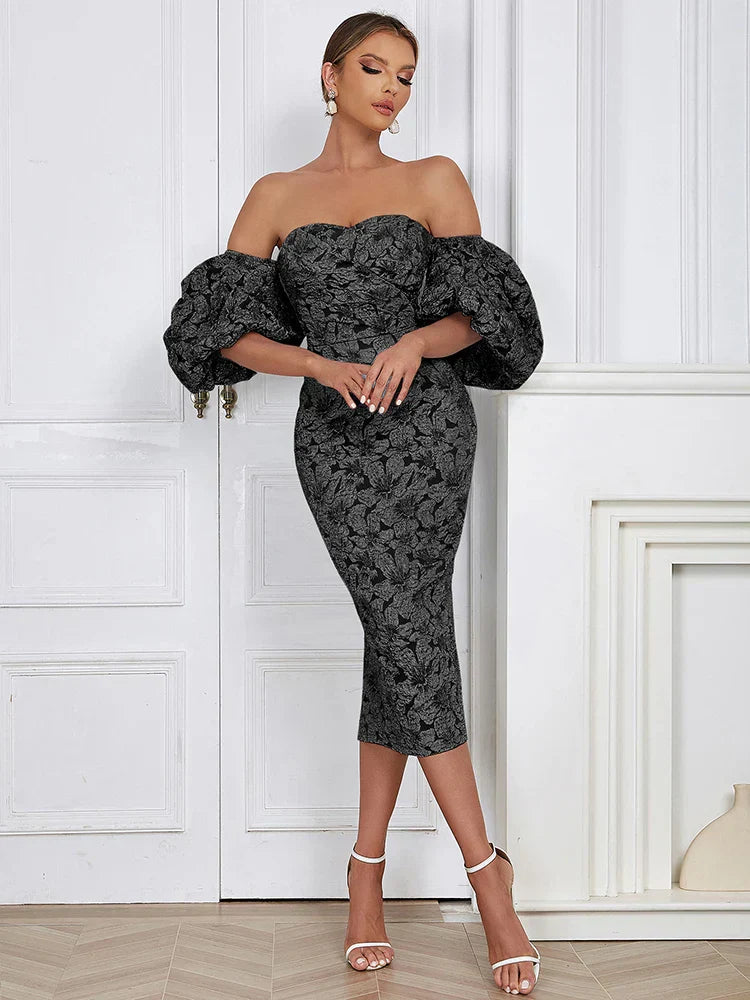 Floral Off Shoulder Puff Sleeve Bodycon Midi Dress