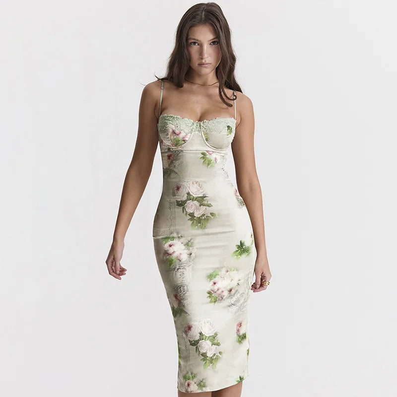 Lace Silk Strap Backless Floral Dress 4