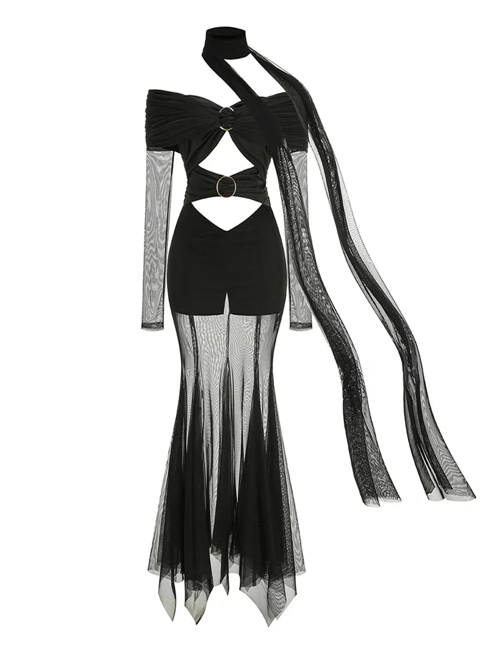 Off Shoulder Cut Out Sheer Mesh Train Maxi Dress 5