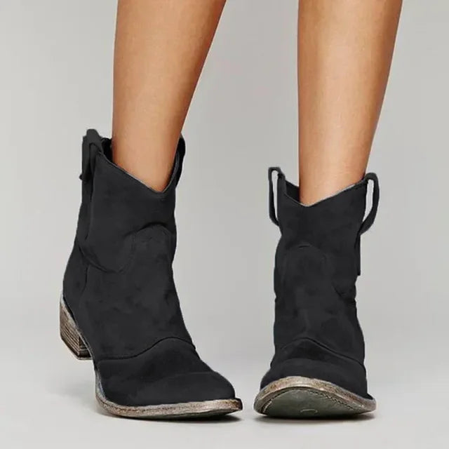 Distressed Suede Look Western Block Heel Ankle Boots