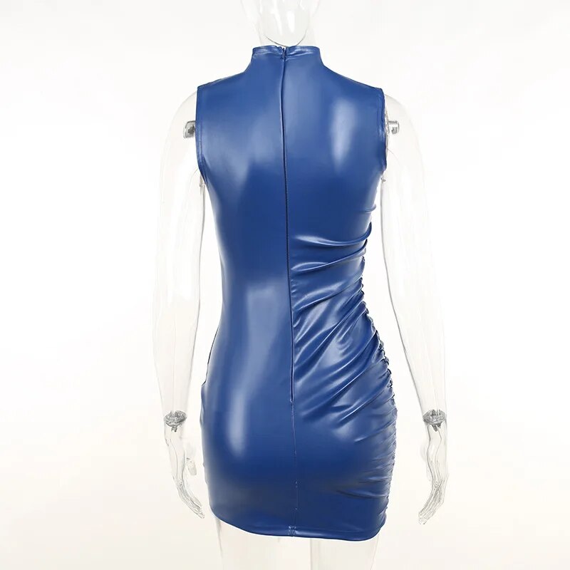 Faux Leather Mock Neck Sleeveless Ruched Bodycon Mini Dress 6
