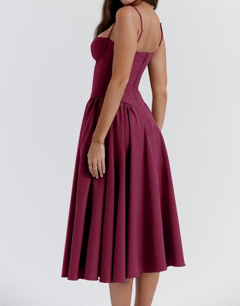 Spaghetti Strap Sweetheart Corset Fit and Flare Midi Dress