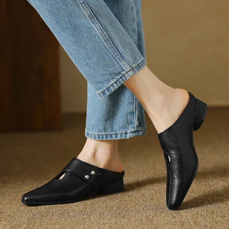 Square Toe Cut Out Block Heel Mules